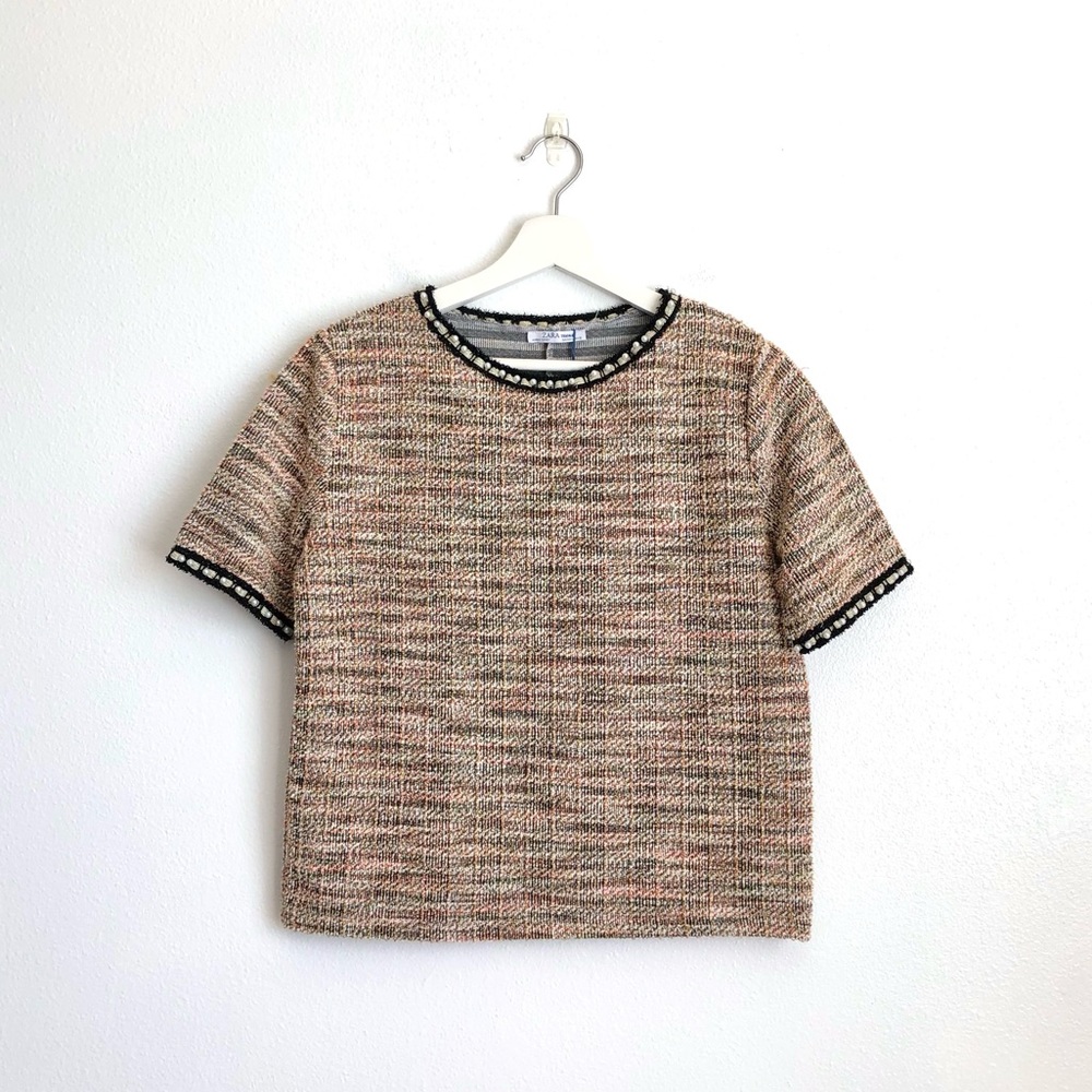 ZARA Boucle Tweed Pearl Trim Top | Tan, White, Pink | Size M/L
